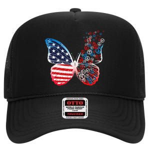 Butterfly Patriotic Peace Signs 4th of July US Flag High Crown Mesh Back Trucker Hat