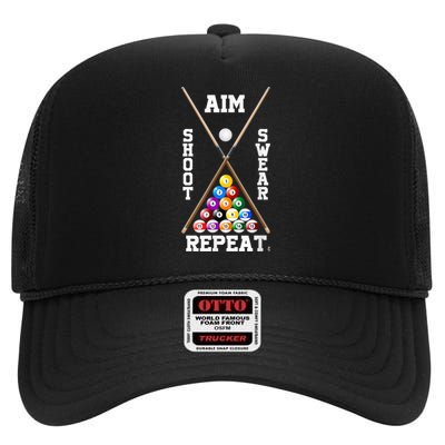 Billiard Pool Player Play Sport Aim Shoot Swear Repeat High Crown Mesh Back Trucker Hat