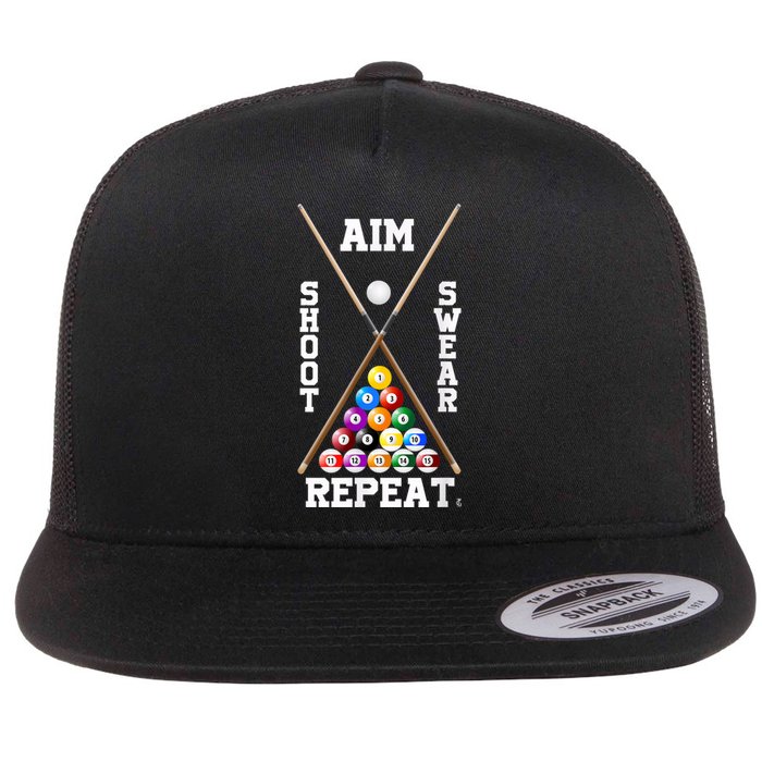 Billiard Pool Player Play Sport Aim Shoot Swear Repeat Flat Bill Trucker Hat