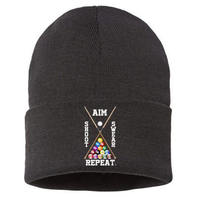 Billiard Pool Player Play Sport Aim Shoot Swear Repeat Sustainable Knit Beanie