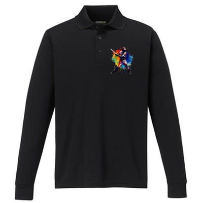 Baseball Player Paint Splash Performance Long Sleeve Polo