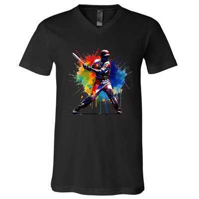 Baseball Player Paint Splash V-Neck T-Shirt