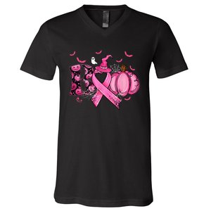 Boo Pumpkin Pink Ribbon Witch Breast Cancer Ghost Halloween V-Neck T-Shirt