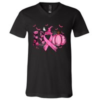 Boo Pumpkin Pink Ribbon Witch Breast Cancer Ghost Halloween V-Neck T-Shirt