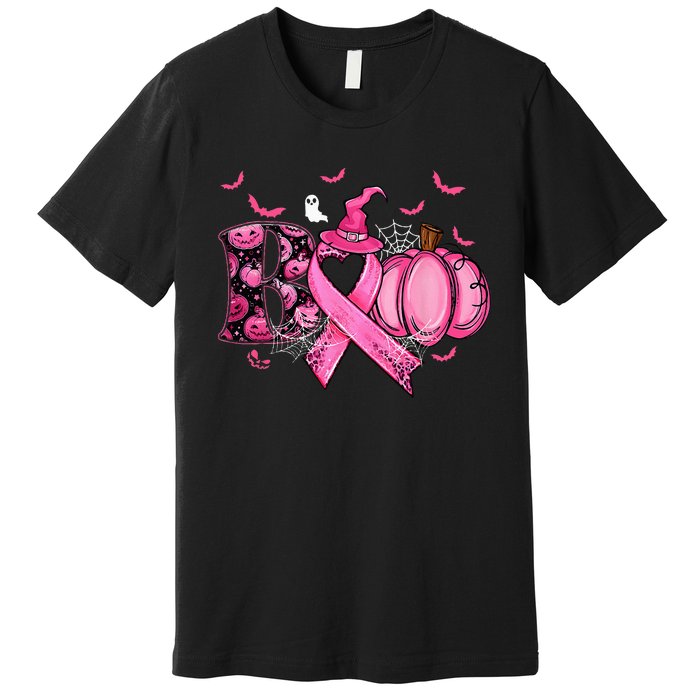 Boo Pumpkin Pink Ribbon Witch Breast Cancer Ghost Halloween Premium T-Shirt