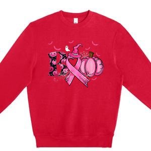 Boo Pumpkin Pink Ribbon Witch Breast Cancer Ghost Halloween Premium Crewneck Sweatshirt