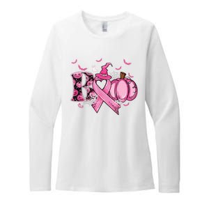 Boo Pumpkin Pink Ribbon Witch Breast Cancer Ghost Halloween Womens CVC Long Sleeve Shirt