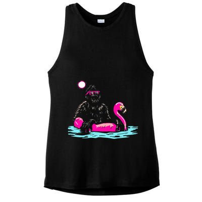 Bigfoot Pool Party Flamingo Funny Sasquatch Pink Float Ladies PosiCharge Tri-Blend Wicking Tank