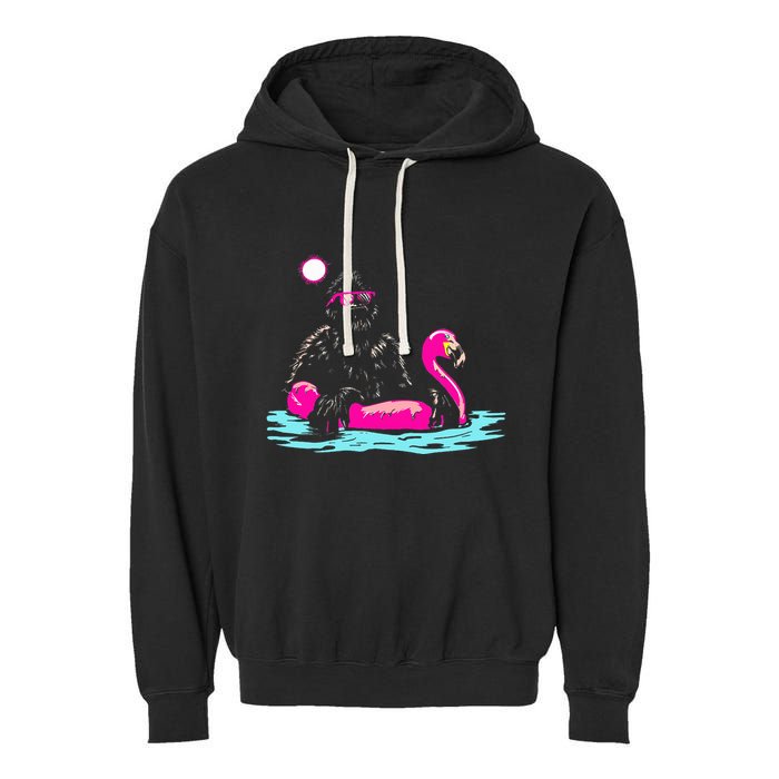 Bigfoot Pool Party Flamingo Funny Sasquatch Pink Float Garment-Dyed Fleece Hoodie