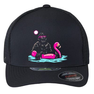 Bigfoot Pool Party Flamingo Funny Sasquatch Pink Float Flexfit Unipanel Trucker Cap