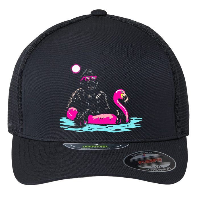 Bigfoot Pool Party Flamingo Funny Sasquatch Pink Float Flexfit Unipanel Trucker Cap