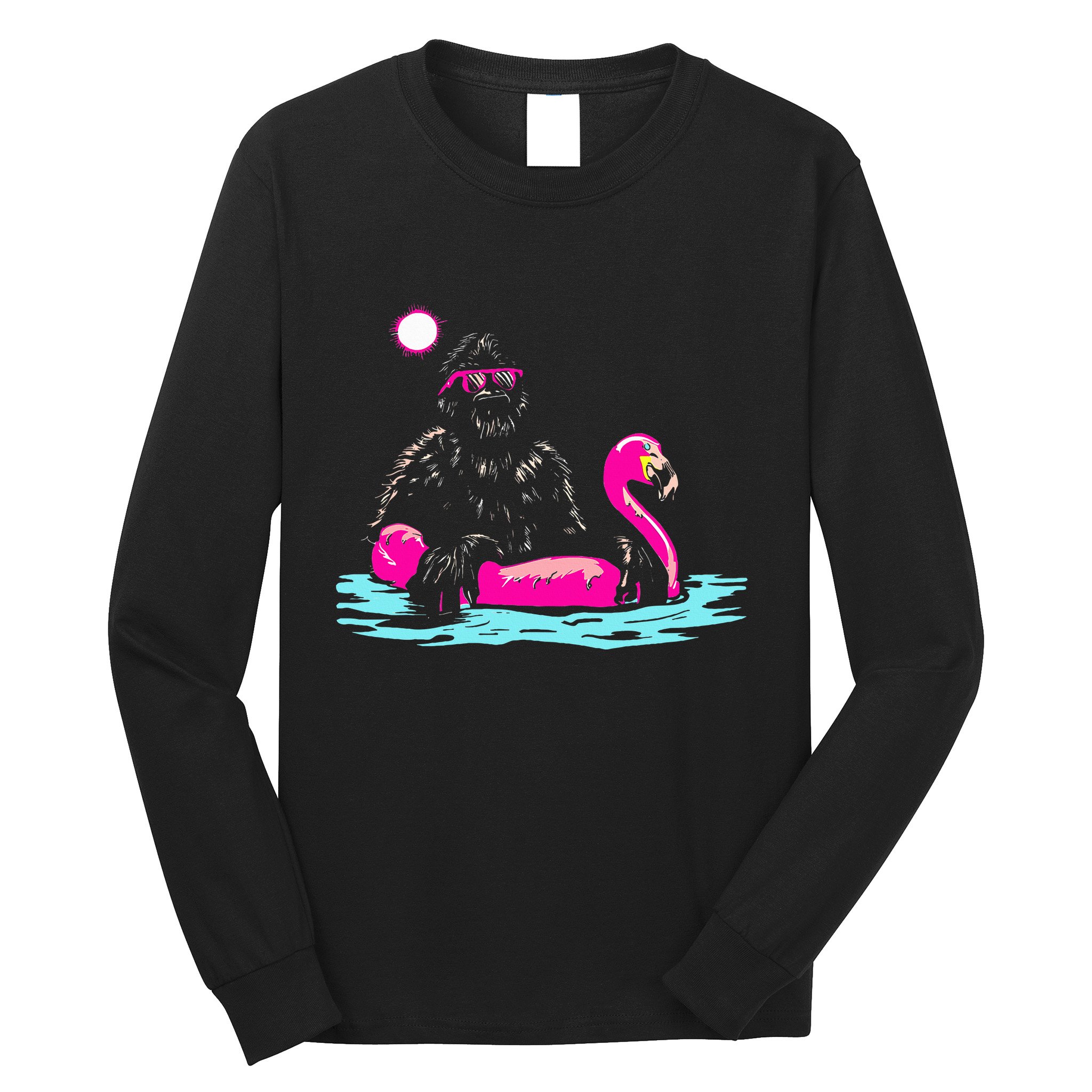 Bigfoot Pool Party Flamingo Funny Sasquatch Pink Float Long Sleeve Shirt