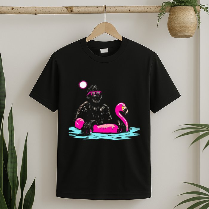 Bigfoot Pool Party Flamingo Funny Sasquatch Pink Float T-Shirt