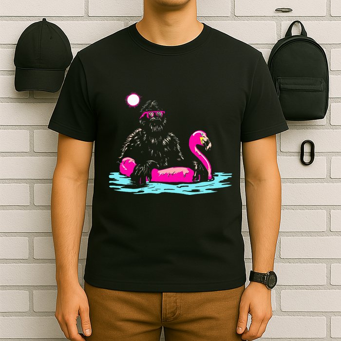 Bigfoot Pool Party Flamingo Funny Sasquatch Pink Float T-Shirt
