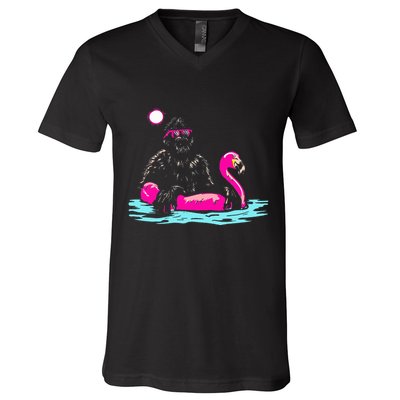 Bigfoot Pool Party Flamingo Funny Sasquatch Pink Float V-Neck T-Shirt