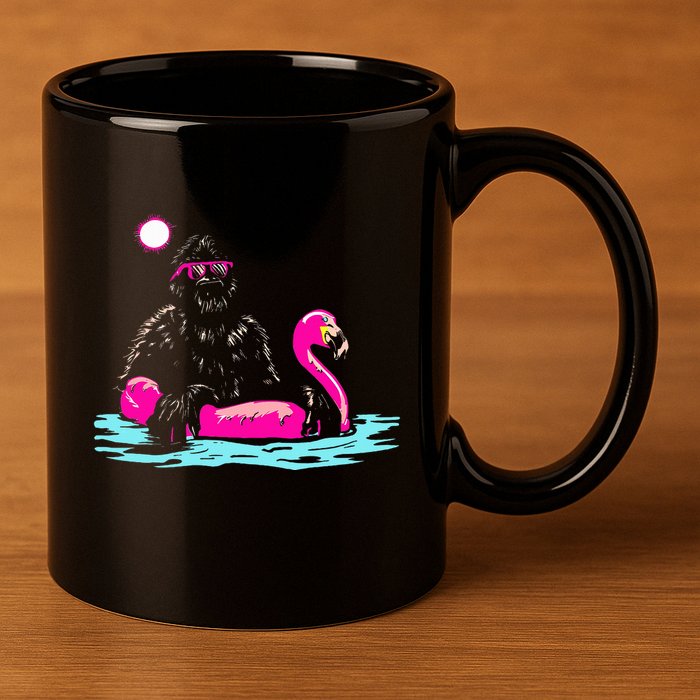 Bigfoot Pool Party Flamingo Funny Sasquatch Pink Float 11oz C Handle Ceramic Mug