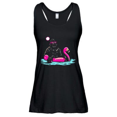 Bigfoot Pool Party Flamingo Funny Sasquatch Pink Float Ladies Essential Flowy Tank