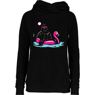 Bigfoot Pool Party Flamingo Funny Sasquatch Pink Float Womens Funnel Neck Pullover Hood