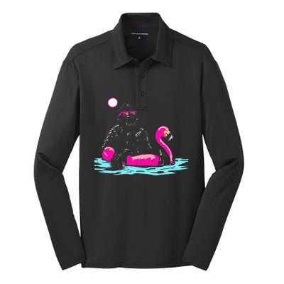 Bigfoot Pool Party Flamingo Funny Sasquatch Pink Float Silk Touch Performance Long Sleeve Polo