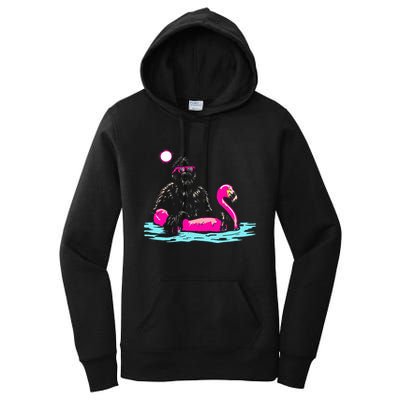 Bigfoot Pool Party Flamingo Funny Sasquatch Pink Float Women's Pullover Hoodie