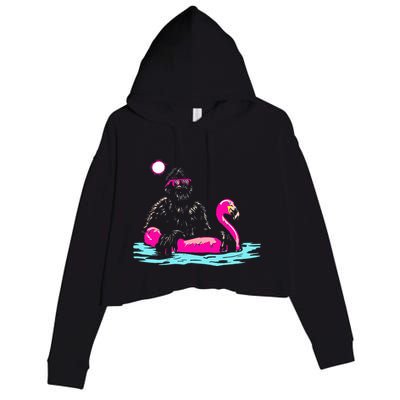 Bigfoot Pool Party Flamingo Funny Sasquatch Pink Float Crop Fleece Hoodie