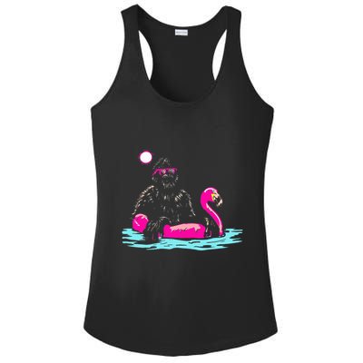 Bigfoot Pool Party Flamingo Funny Sasquatch Pink Float Ladies PosiCharge Competitor Racerback Tank