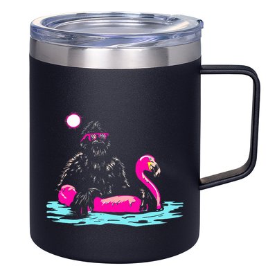 Bigfoot Pool Party Flamingo Funny Sasquatch Pink Float 12oz Stainless Steel Coffee Mug