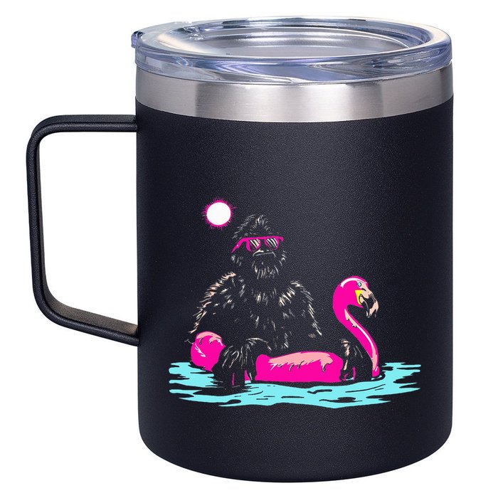 Bigfoot Pool Party Flamingo Funny Sasquatch Pink Float 12oz Stainless Steel Coffee Mug