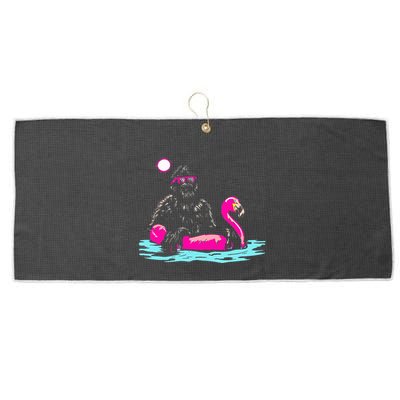 Bigfoot Pool Party Flamingo Funny Sasquatch Pink Float Large Microfiber Waffle Golf Towel