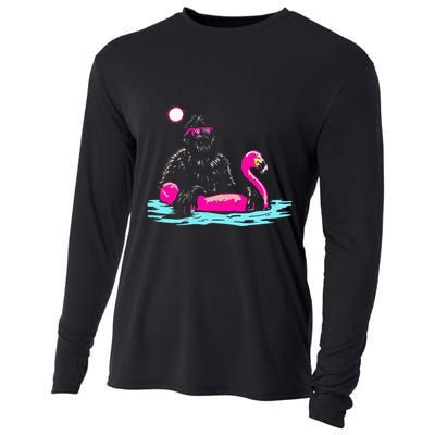 Bigfoot Pool Party Flamingo Funny Sasquatch Pink Float Cooling Performance Long Sleeve Crew