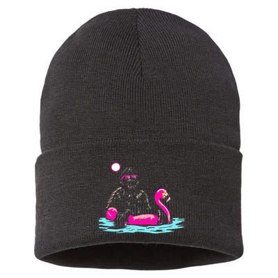 Bigfoot Pool Party Flamingo Funny Sasquatch Pink Float Sustainable Knit Beanie