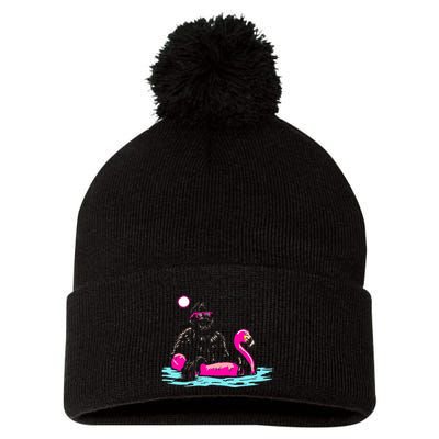 Bigfoot Pool Party Flamingo Funny Sasquatch Pink Float Pom Pom 12in Knit Beanie