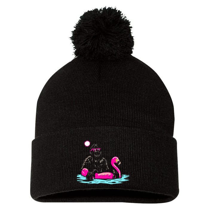 Bigfoot Pool Party Flamingo Funny Sasquatch Pink Float Pom Pom 12in Knit Beanie