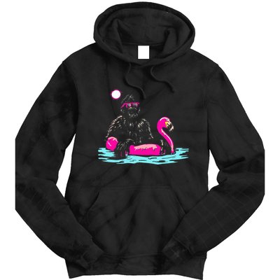 Bigfoot Pool Party Flamingo Funny Sasquatch Pink Float Tie Dye Hoodie
