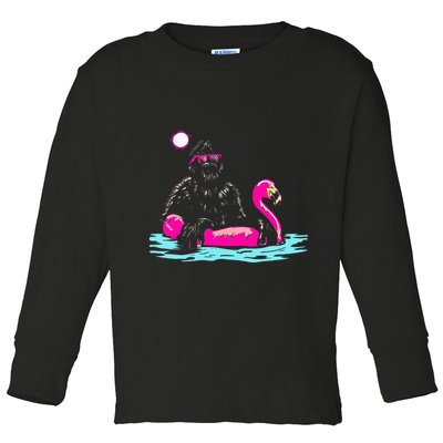 Bigfoot Pool Party Flamingo Funny Sasquatch Pink Float Toddler Long Sleeve Shirt