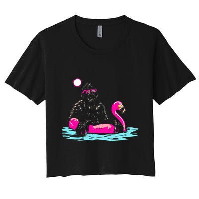 Bigfoot Pool Party Flamingo Funny Sasquatch Pink Float Crop Top