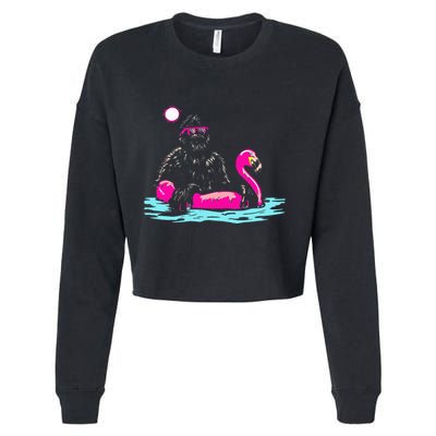 Bigfoot Pool Party Flamingo Funny Sasquatch Pink Float Cropped Pullover Crew
