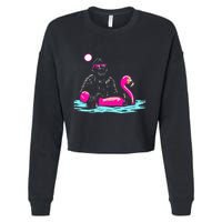 Bigfoot Pool Party Flamingo Funny Sasquatch Pink Float Cropped Pullover Crew