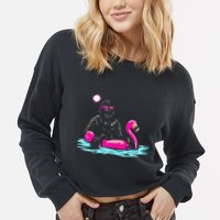 Bigfoot Pool Party Flamingo Funny Sasquatch Pink Float Cropped Pullover Crew
