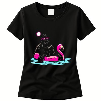 Bigfoot Pool Party Flamingo Funny Sasquatch Pink Float Womens T-Shirt