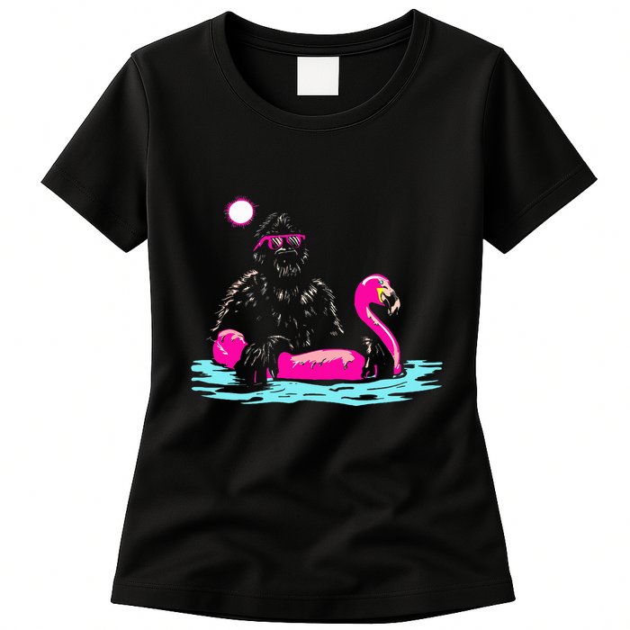 Bigfoot Pool Party Flamingo Funny Sasquatch Pink Float Womens T-Shirt