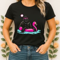 Bigfoot Pool Party Flamingo Funny Sasquatch Pink Float Womens T-Shirt