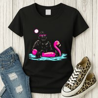 Bigfoot Pool Party Flamingo Funny Sasquatch Pink Float Womens T-Shirt