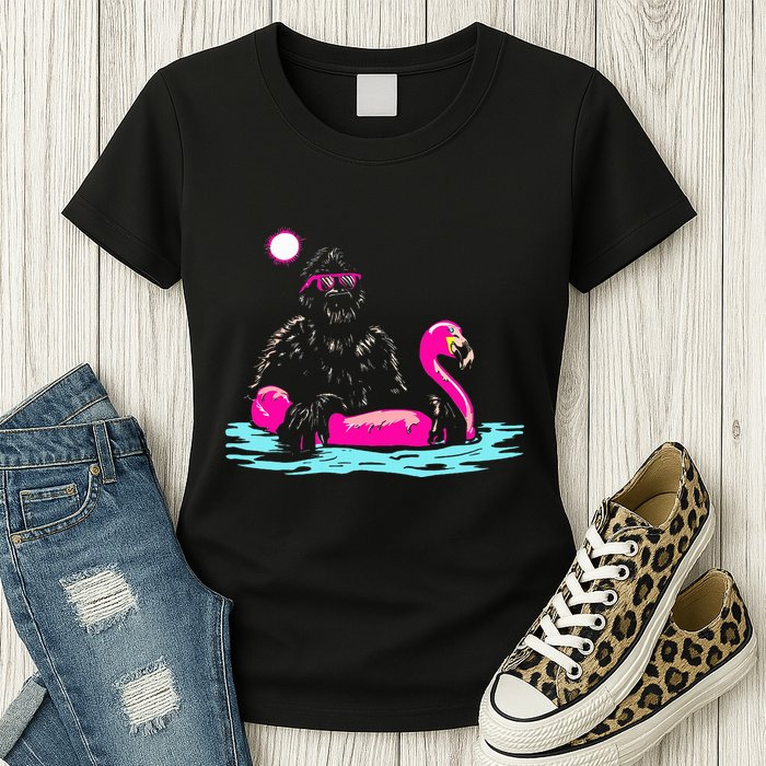 Bigfoot Pool Party Flamingo Funny Sasquatch Pink Float Womens T-Shirt