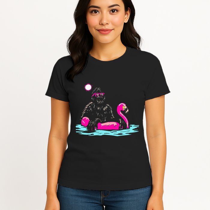 Bigfoot Pool Party Flamingo Funny Sasquatch Pink Float Womens T-Shirt