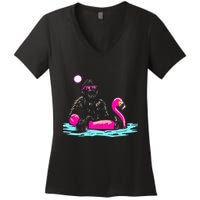 Bigfoot Pool Party Flamingo Funny Sasquatch Pink Float Women's V-Neck T-Shirt