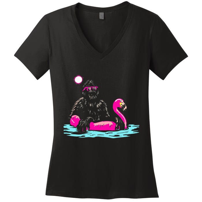 Bigfoot Pool Party Flamingo Funny Sasquatch Pink Float Women's V-Neck T-Shirt