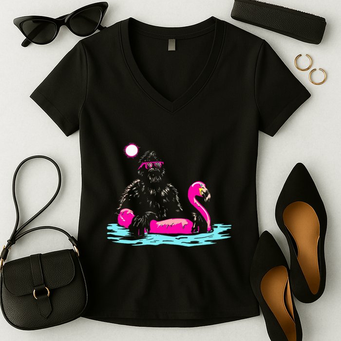 Bigfoot Pool Party Flamingo Funny Sasquatch Pink Float Women's V-Neck T-Shirt