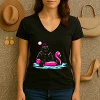 Bigfoot Pool Party Flamingo Funny Sasquatch Pink Float Women's V-Neck T-Shirt