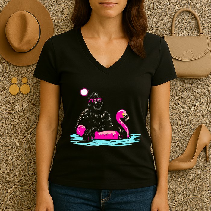 Bigfoot Pool Party Flamingo Funny Sasquatch Pink Float Women's V-Neck T-Shirt